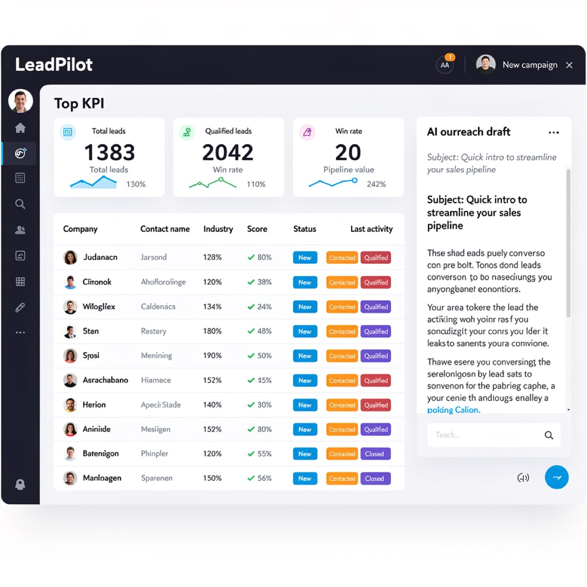 LeadPilot AI lead-scoring dashboard with ranked, scored leads