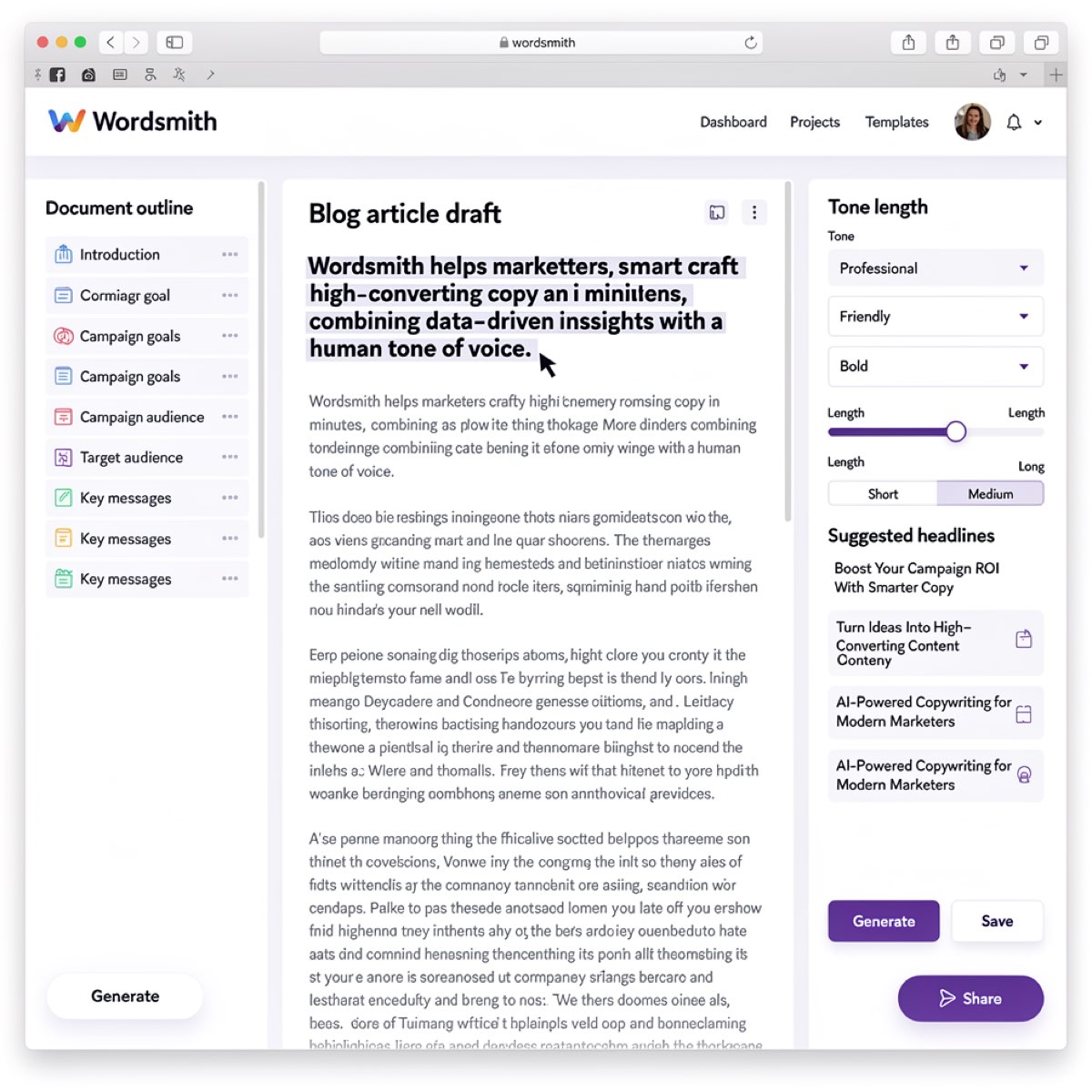 Wordsmith SaaS writing app with user accounts and usage limits