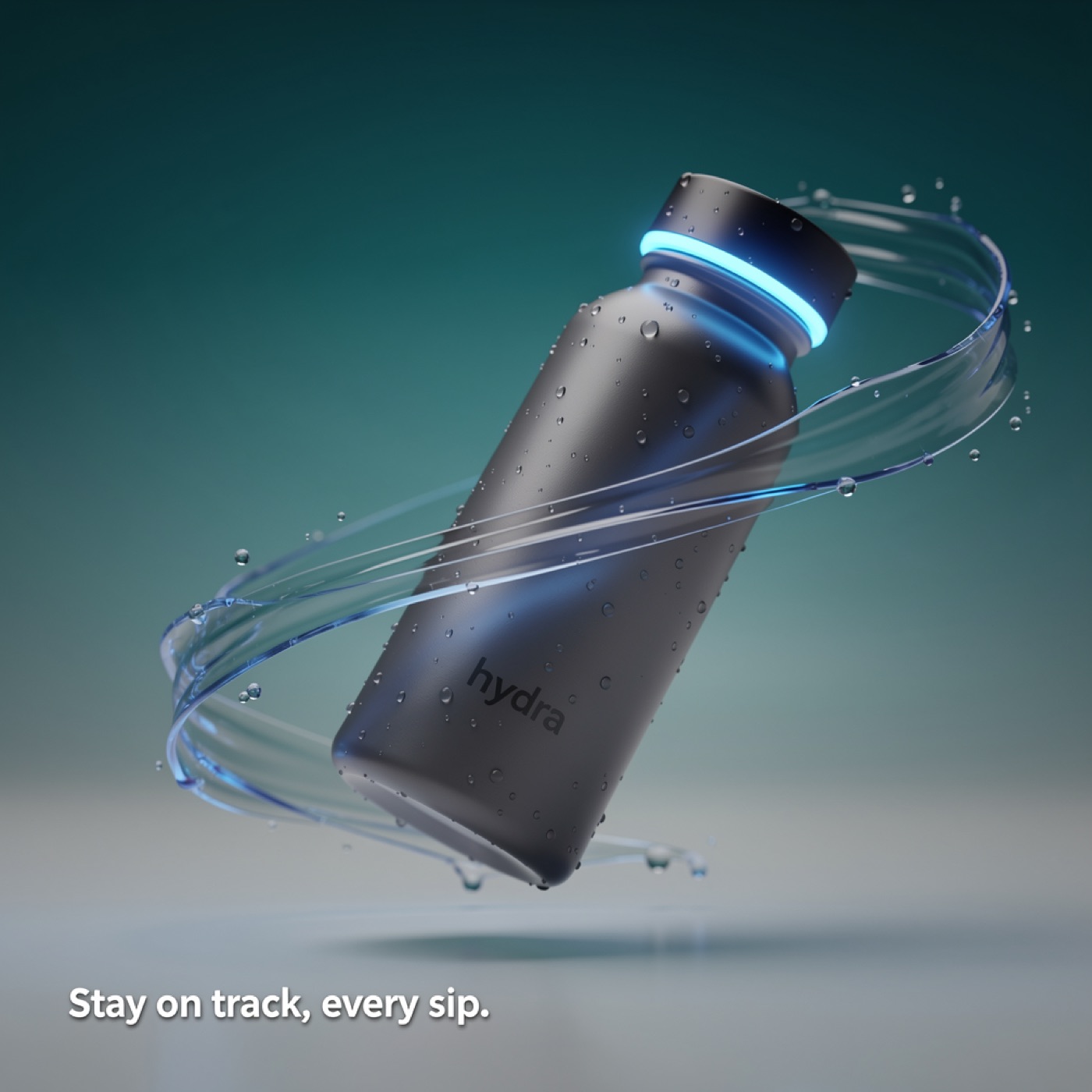 3D product animation style frame: a dark smart water bottle labelled hydra with a glowing blue ring, wrapped in a swirl of water, tagline reading Stay on track, every sip